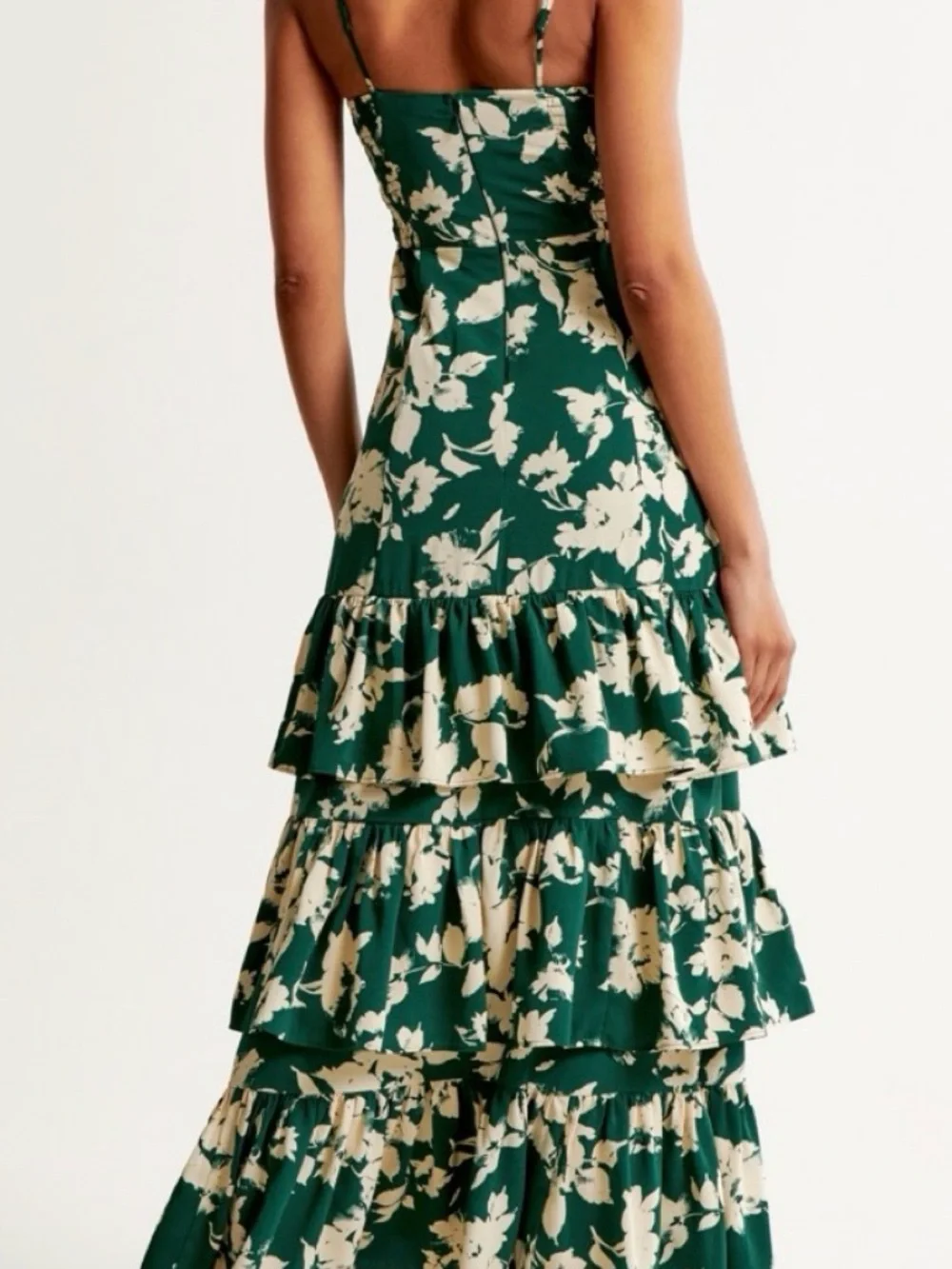 Abercrombie & Fitch Ruffle Tiered Maxi Dress Green Floral SP Small Petite